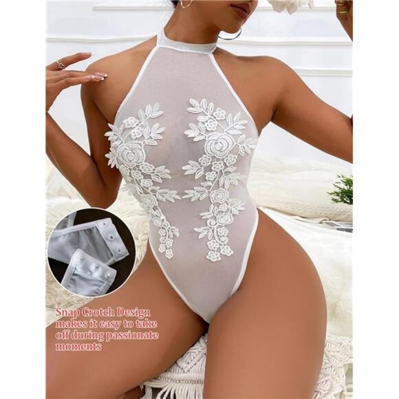 Women Teddy Lingerie Sexy Mesh Bodysuit White - Picture 3 of 5